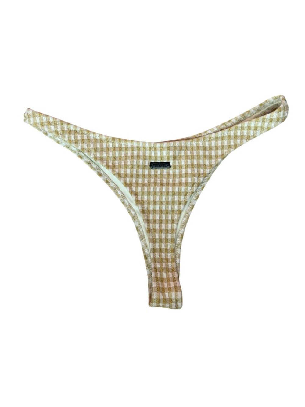 TRIANGL Thong Bikini Bottom Size Large Beige White w/ Gold Gingham